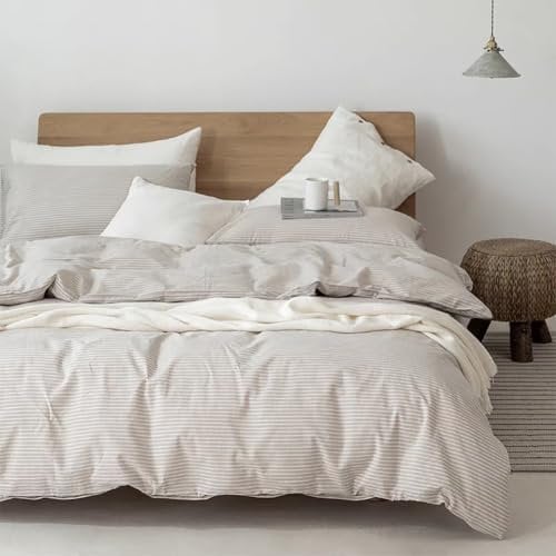 AShanlan Bettwäsche 155x220 Baumwolle Beige Gestreift Bettbezug mit Kissenbezug 80x80 Gewaschene Leinenoptik Bettwäsche Set mit Reißverschluss