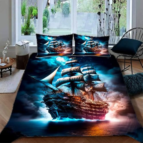 Ruiqieor Bettwäsche 135x200cm,Pirat Schiff Motiv Bettwäsche-Set, Tier Bettbezug 3teilig Mit Kopfkissenbezug Für Jungen Mädchen Schlafzimmer Atmungsaktiv Mikrofaser Baumwolle Deckenbezug（#9）