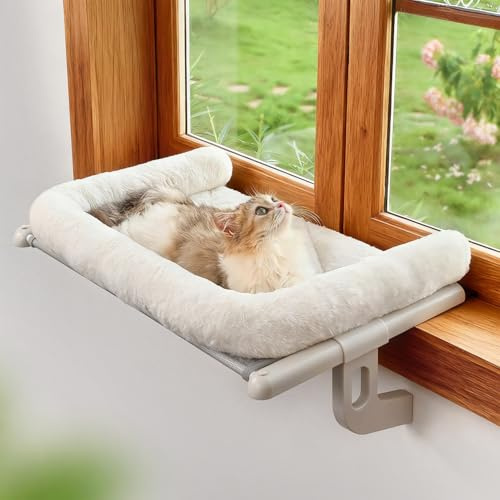 Zoratoo Cat Window Sill Perch with Large Bolster, Easy to Adjust & Assemble Cat Window Seat for Windowsill & Bedside, Pet Hammock Bed for Large Cats and Kittens (White, M)