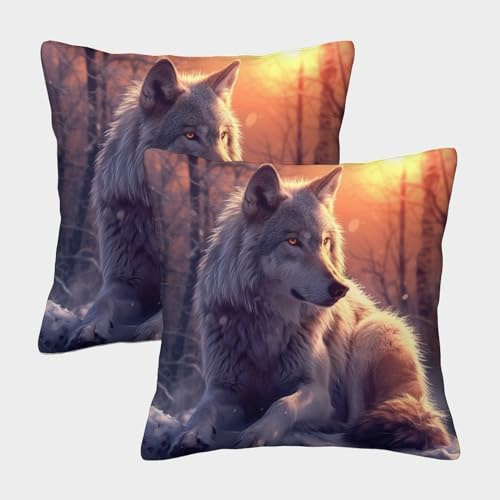 RJAVAGFZL Wolf Kissen Bezug 2er Set Kissenbezüge Wohnzimmer Kissenhülle Sofakissen Polyester Polster Textil Für Sofa Bett Garten Balkon Kinderzimmer Zierkissen 40x40cm