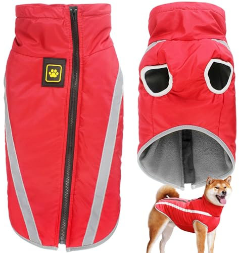 Dolahovy wasserdichte Hundemantel Winter Warme Jacke,Winddichte Haustier Kleidung Hunde Mantel Fleece Jacken Outfit für kleine mittlere große Hunde Weste mit Harness Loch XL-6XL (Rot, 5XL)