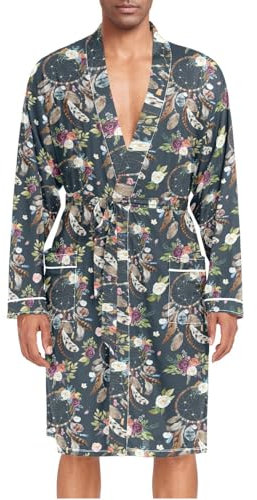 ZZXXB Dream Catcher Herren-Nachtwäsche, Rosen-Blumenfedern, leicht, langärmelig, Spa-Bademantel mit Taschen, M-XL, blau, M