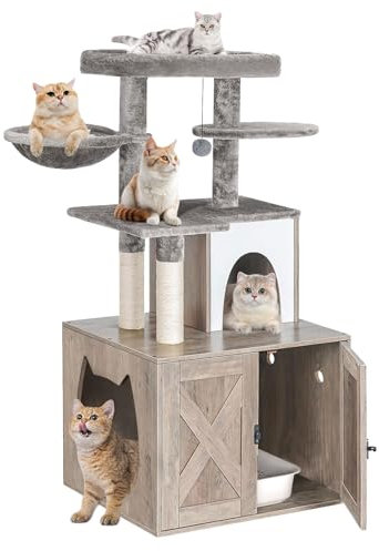 HavenlyYouth Litter Box Enclosure with Cat Tree,Cat Tree with Litter Box Enclosure,Hidden Pet Washroom Furniture with Sisal Scratching Post,Hammocks,Condo,Multiple Platform,Soft Plush Perch, Grey