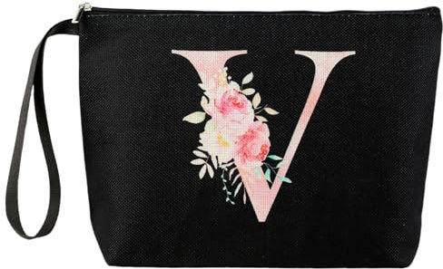 Blisswave Pochette Personalizzata dalla A alla Z, Regali per Donna, Mamme e Amica, Regali di Natale e Compleanno, Elegante e Carina Beauty Case da Viaggio con Iniziale Nome Floreale Rosa (Nero)