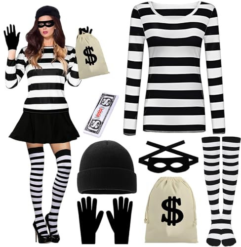 Ycaaeo Räuber Kostüm Damen,9er Kostümset für Räuber für Damen,Kostüm Dieb,Panzerknacker Set mit T-Shirt,Augenmaske,Taschen,Banknoten,Handschuhen,Socken,Hut für Karneval Halloween Cosplay