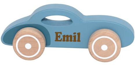 Elefantasie Spielzeug Auto aus Holz Retro Car personalisierbar mit Name Baby Geschenk mit Gravur (Blau)
