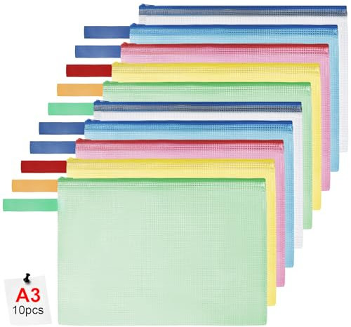 OFFCUP Dokumententasche A3, 10 Stück Wasserdichte Reißverschlusstasche, Mesh Kunststoff Datei Tasche mit Reißverschluss, Dokumentenmappe für Schule Zuhause Büro Reisen Kosmetika, 5 Farben