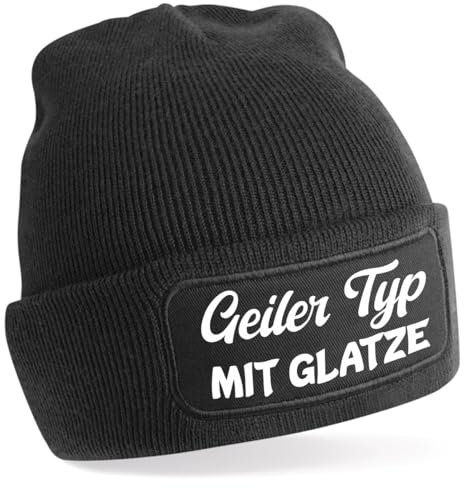 One Size Beanie, Mütze mit Spruch: Geiler Typ mit Glatze, oder Bauch, oder Bart (DE/NL/SE/PL, Alphanumerisch, Einheitsgröße, schwarz Geiler Typ mit Glatze)
