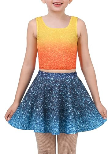 Mädchen 2 Stück Setzen Ärmellos Top- Blau Funkeln Gradient Rock Tanzen Jazz Gr. 128-134,Blau,128-134