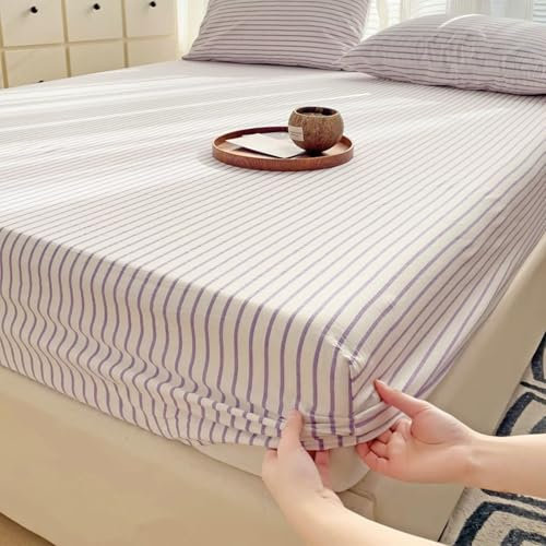 Daesar Spannbettlaken für Boxspringbetten, Spannleintuch 90x200 Baumwolle Gestreift Muster Spannbettlaken Topper Lila rutschfest-1 Stück, ohne Kissenbezüge