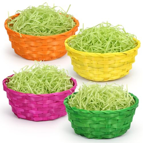 Epokus Cestas de Pascua con Hierba Decorativa, 4 Piezas Cesta de Pascua para Llenar, Coloridas Cestas de Mimbre Hierba de Pascua Verde, Nidos de Pascua Cestería para Niños Huevos de Pascua Decoración