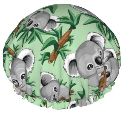 Hair Cap for Shower - Green Gray Koala Print Double Layer Shower Cap Reusable, Large Shower Cap for Women, Hair Cap for Shower with Peva Lining and Elastic Rope