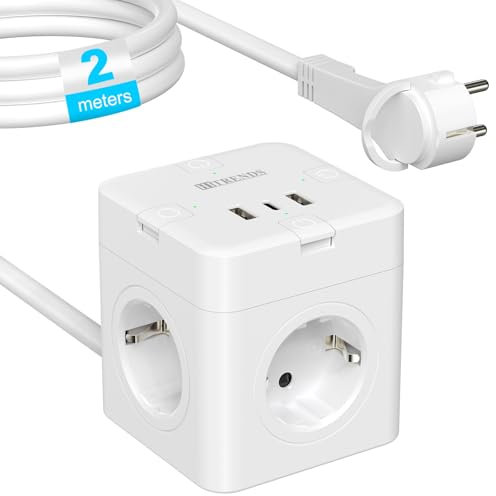 Steckdosenwürfel mit 1 USB C & 2 USB, 4 AC Mehrfachsteckdose Steckdosenwürfel mit Flachstecker, Einzeln Schalter, 7 in 1 Power Cube mit 2M Kabel, Steckdose für Büro & Reisen – Weiß