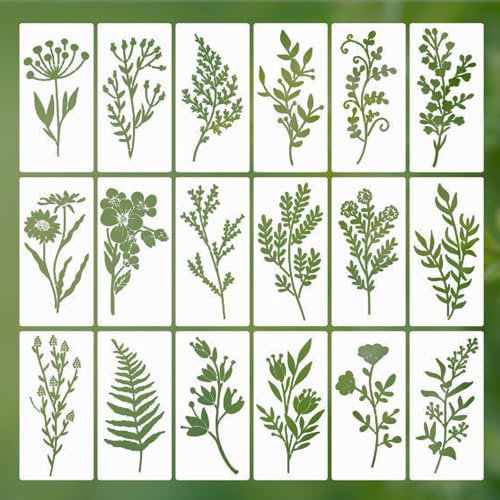 18 Stück Blumen Schablone,Pflanzen-Schablonen,Blätter Malerei Schablone,wiederverwendbare Blätter-Schablonen zum Malen, natürliche Pflanzen-Schablone,DIY-Kunst, Scrapbook, Wanddekoration