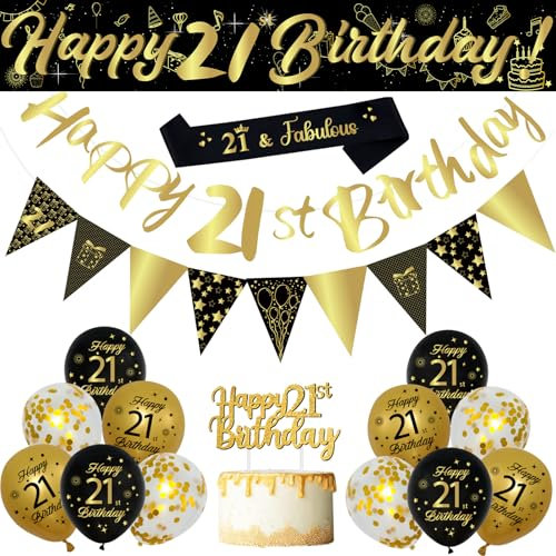 21st Birthday Decorations Set, 18Pcs Black Gold Balloons kit with Banners, Cake Topper, Triangle Flags, Black Gold and Sequin Balloons, Sash for Men Women Birthday Party Decoration Supplies