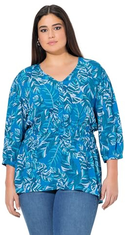 Ulla Popken Damen große Größen Übergrößen Plus Size Bluse, Blätter, A-Linie, V-Ausschnitt, 3/4-Arm 838528