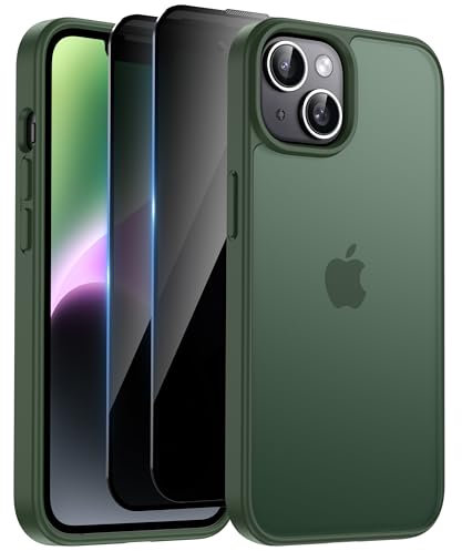 HeIssitot Matt Handyhülle für iPhone 13/iPhone 14 Hülle und 2 Stück Sichtschutz Schutzfolie, [Militärstandard] Durchscheinende PC Rückseite TPU Bumper Schutzhülle, Dunkelgrün