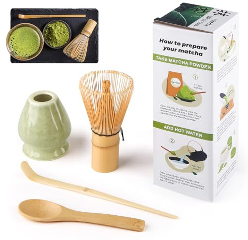 4 Piece Matcha Kit, Matcha Whisk, Macha Tea Set with Matcha Spoon, Whisk Holder, Bamboo Matcha Whisk, Matcha Accessories Traditional Japanese Tea Ceremony Best Gift for Matcha Lovers, Spot Green