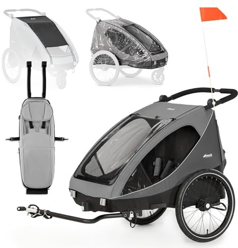 hauck Dryk Duo Set – Fahrradanhänger inkl. Baby Lounger, Sonnensegel & Regenschutz – für 2 Kinder, faltbar, gefedert & mit Kinderwagen-Funktion - Grau