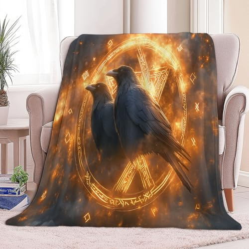Tierisches Raben-Wikinger-Symbol Weiche Decke 130 x 150 cm, Dunkelgrau superweiches Flanelldecken, gemütlich, luxuriös, leicht, Decke für Bett, Sofa, Couch, Camping und Reisen, warme Flauschige Decke