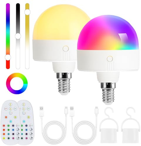 Fynokst Wiederaufladbare Glühbirne mit Fernbedienung, E14 Dimmbare RGB Farben LED Glühbirne mit Batterie, 6W Touch Control Akku Glühbirne Mit Timing-funktion, mit 3 Farbtemperaturen + 12 RGB 2 Pack