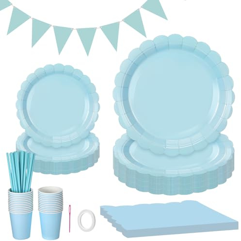 126 Pcs Light Blue Paper Plates and Napkins Set, 25 Guest Blue Easter Party Tableware Include Party Plates Cups Bunting Banner and Napkins Straws for Wedding Boy Baby Shower Birthday Bridal Shower