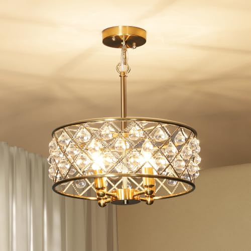 HOMCOM Crystal Chandelier Adjustable Height 4-Light E14 Base Gold Tone | Modern Flush Mount Ceiling Light, Hanging Chandelier, for Living Room, Bedroom, Dining Room, Bulb Not Included