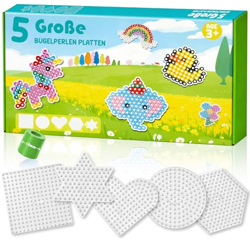 Bügelperlen Platten Set 5 tlg. für 10mm Perlen – Große Steckplatten Transparent in Verschiedenen Formen für Kleinkinder & Anfänger – Kreatives Bastelset für DIY Motorikspielzeug