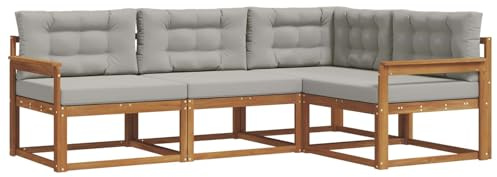 vidaXL Outdoor-Sofagarnitur mit Kissen 4 pcs Natürlich und Hellgrau, Garten Modular Outdoor Sofa, Langlebiges Sektionales Set, Bequeme Patio-Sitzgelegenheiten, Moderner Akazienholz-Lounge
