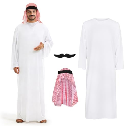 FainFun Aladdindräkt för män, Sheikdräkt med turban och skägg, arabiska kläder för män, tusen klänning, vit tunika, för jul, halloween, påsk, fest, cosplay