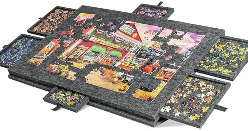 Puzzletisch 1000 Teil, Puzzlebrett Puzzle Matte Puzzle Organizer 77x53.6cm | aus Filz, Tragbarer, Kippbares, mit 6 Schubladen & Abdeckung, mit Ständer, Superleichtes, für Erwachsene, Dunkelgrau