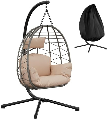 Hängesessel mit Gestell Outdoor bis 150 kg – Rattan Hängesessel Gestell aus Stahl, wetterfester PE-Rattan Hängesessel mit Kissen & Schutzabdeckung für Garten, Terrasse, Balkon, Wohnzimmer-Beige