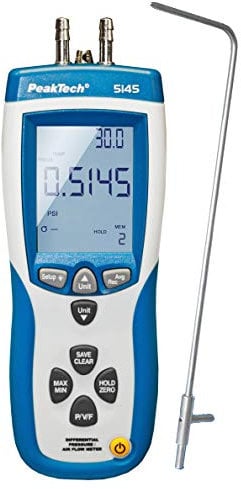 2 in 1 Differenz-Druckmessgerät und Luftgeschwindigkeitsmesser mit Pitot Rohr, Differenzdruck Manometer mit USB, Luftmasse und Lufttemperatur