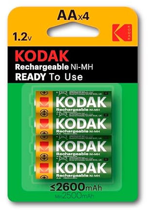 Kodak 4-Pack AA Rechargeable Batteries, Double A Ni-MH 2600mAh Battery Pack, 1.2V, HR6, Ideal for High-Drain Electronic Devices, Recharge up to 300 Cycles, Pre-Charged, Long-Lasting Power