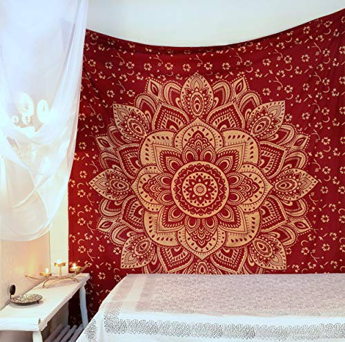 Popular Handicrafts Wandteppich, Hippie-Wandbehang, Ombré-Mandala, Bohemian, Hippie, aufwendige indische Wandteppiche, Tagesdecke, 230 x 270 cm, Kastanienbraun und goldfarben