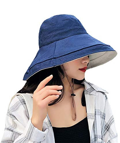 Faltbarer Damen-Sonnenhut mit breiter Krempe, UV-Schutz, Baumwolle, Strandhut, Sommerhut, blau / weiß, Einheitsgröße