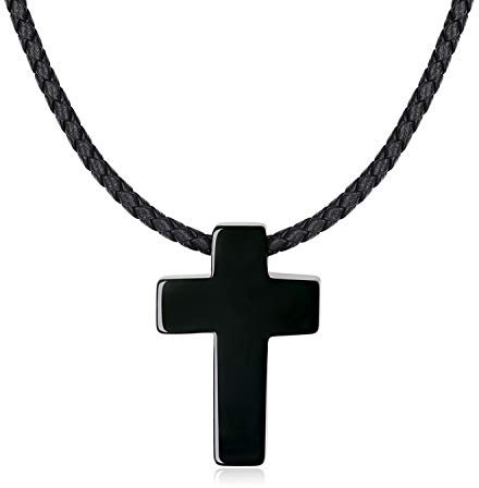 COAI Unisex Geschenkideen Halskette Kreuz Anhänger aus Obsidian mit Lederkordel Glückskette