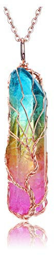 JOVIVI Tree of Life Rainbow Quartz Crystal Gemstone Reiki Healing Rock Raw Stone Chakra Pendant Necklace Women Rose Gold Wire Wrap Gemstone Necklace Jewellery Mothers Day Mum Gifts