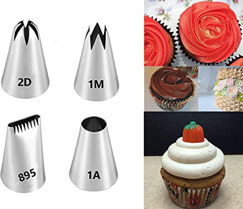 Set di beccucci grandi per glassa, con punta per decorazione a stella aperta da 1 m, punta per glassa a forma di fiore 2D, punta rotonda da pasticceria 1A e 895 punte per decorare torte e cupcake, 4