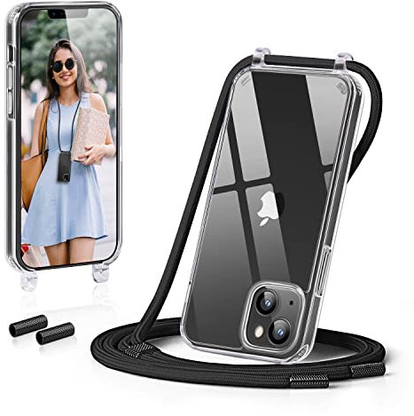 GOODVISH Handykette Kompatibel mit Apple iPhone 13 6,1 Display, Necklace Hülle mit Band Handyhülle für zum Umhängen, Transparent Case mit Schnur, Kameraschutz und Bildschirmschutz, Schwarz