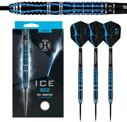 Harrows Ice Recut 90% Tungsten Steel Tip Darts Set | Erhältlich in 21g, 22g, 23g & 24g | Inklusive Silber Supergrip Carbon Midi Schäfte & Neue 100 Mikron Ice Flights