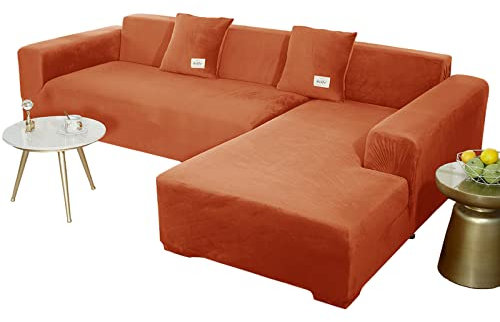 JHLD Sofabezug L Form, Stretch Sofabezug Samt L-förmiger Sofabezug Weiche Anti-rutsch Sofa Überwürfe Für Ecksofa-Orange A.-2 Sitzer+3 Sitzer