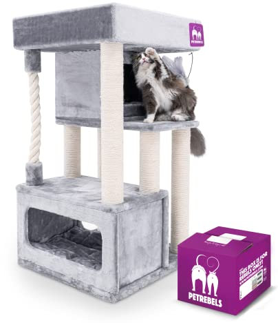 Petrebels Kratzbaum Lodge 107 cm hoch, Extrem stabil, mit XXL Sofa, Auch Ideal für Senioren Katzen, 59 x 59 x 107 cm, Farbe Grau