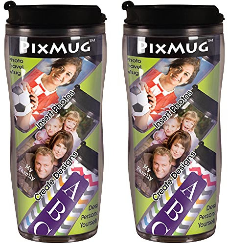 PixMug – 400 ml Foto-Reisebecher mit Klappdeckel – Die Tasse ist ein Bilderrahmen – DIY – fügen Sie Ihre eigenen Fotos ein oder erstellen und drucken Sie Einlagen online – 2 Stück