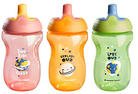 Tommee Tippee Sportee Water Bottle for Toddlers, 12 Months+, 10oz, Spill-Proof Sippy Cup, Easy to Hold, Bite Resistant Spout, Pack of 3, Pink, Green and Orange