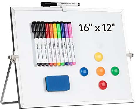 Cazeyoo 40,6 x 30,5 cm Aluminium Weiß Doppelseitiges magnetisches trocken abwischbares Whiteboard mit Ständer, 10 Marker, 4 Magnete, 1 Radiergummi, minimalistischer Stil