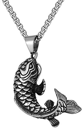 HIJONES Hommes Acier Inoxydable Koi Poisson Pendentif Collier Chinois Carpe Amulette Lucky Pendentif Argent Pendentif avec Chaîne