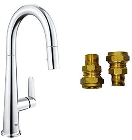 GROHE Veletto & UK Adaptors – 1 Lever Kitchen Sink Mixer Tap with Pull-Out Dual Spray (High C-Spout, 28 mm Ceramic Cartridge, 360° Swivel Range, QuickMount Included, Tails 3/8 Inch), Chrome, 30419000