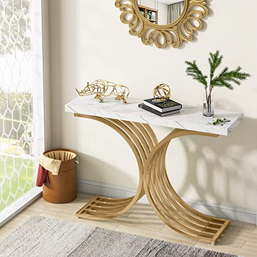 Tribesigns Console Meuble, Table Console Blanche Meuble, 100 x 30 x 80 cm Petite Table de Présentation, Table d'Entrée de Bout de Canapé en Or pour Couloir, Entrée,Salon (Blanc et Doré)