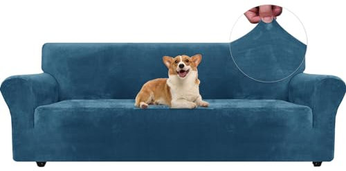 Ystyle Sofa Überzug Samt 4 Sitzer, Stretch Sofabezug, Sofaschoner rutschfest, Elastischer Sofa Bezug, Sofa Cover Mit Armlehnen, Bezug Sofa Sofaschutz Katze Couchschoner Sofa Decken, Pfau Blau